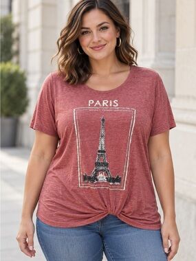 Paris Graphic Tee Knot Hem Casual Travel Shirt 2X Summer Casual Plus